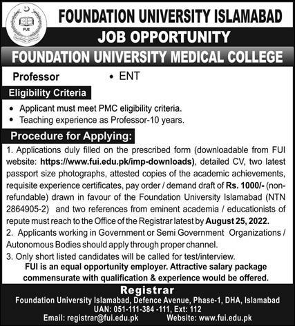 Foundation University Medical College Islamabad Jobs 2022