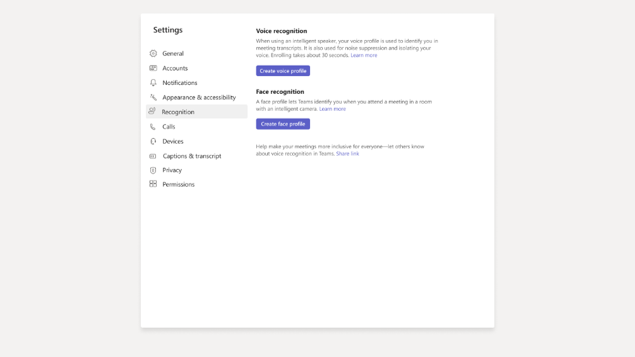 Image showing the Microsoft Teams Settings interface with the Recognition tab open, highlighting options for both Voice and Face Recognition enrollment.