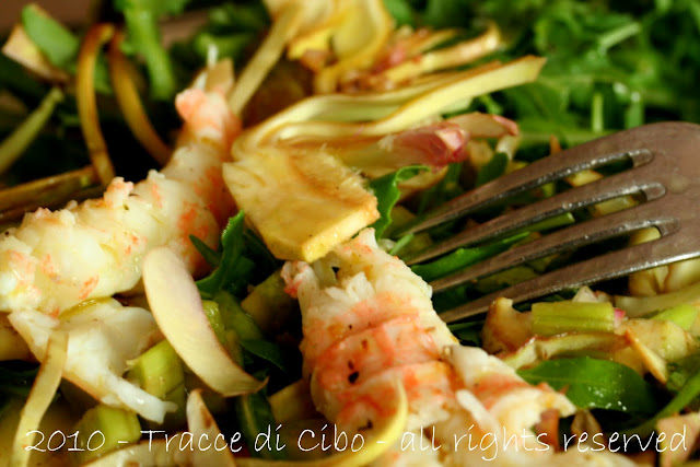 insalta di scampi, scampi, scampi al sale, carciofi, rucola