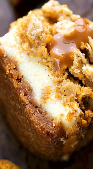 Pumpkin Caramel Cheesecake Bars with Streusel Topping ~ Delicious pumpkin cheesecake bars — two layers of cheesecake on a delicious cinnamon graham cracker crust all topped with an easy streusel and caramel sauce.