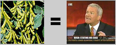 Left to right: Soybeans; an equal sign; Mark Foley defending Bush