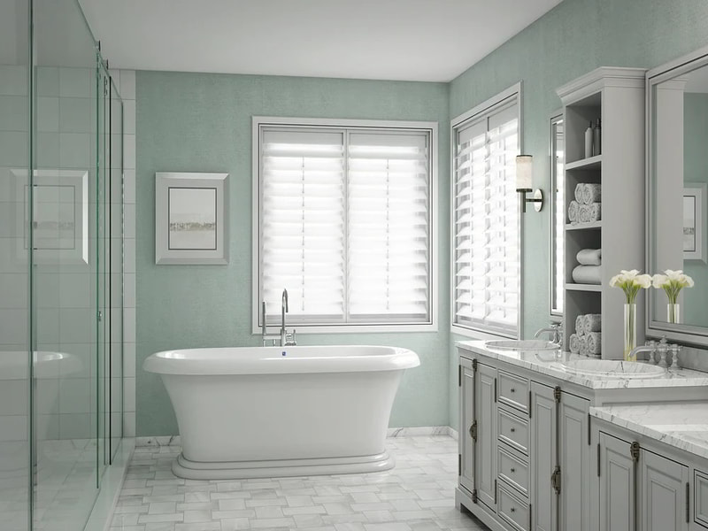 Xanh lam và trắng thường xuyên được sử dụng kết hợp khi thiết kế phòng tắm nhằm mang đến hiệu quả ấn tượng và nét hiện đại cho căn phòng