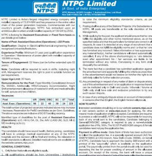 NTPC VACANCY 2024 IN HINDI : एनटीपीसी लिमिटेड में असिस्टेंट एग्जीक्यूटिव के 223 पदों पर भर्ती के लिए ऑनलाइन आवेदन