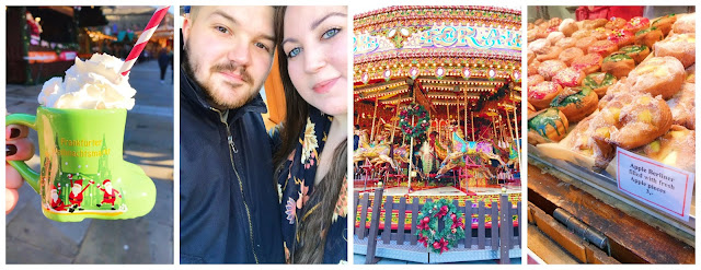 collage - Leeds Xmas market, hot chocolate, carousel, donuts, selfie