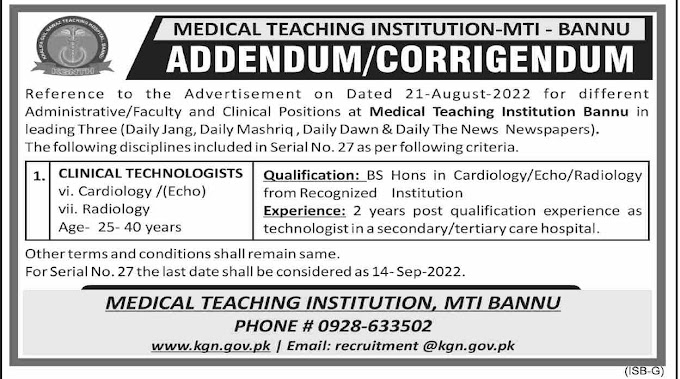  Medical Teaching Institution MTI Jobs 2022 Bannu
