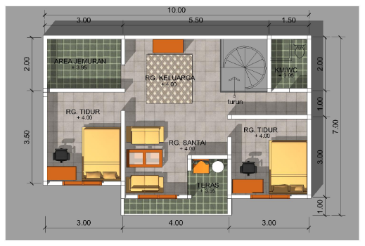 Contoh Denah Gambar Rumah minimalis Ukuran 7 x 8 Terbaru 