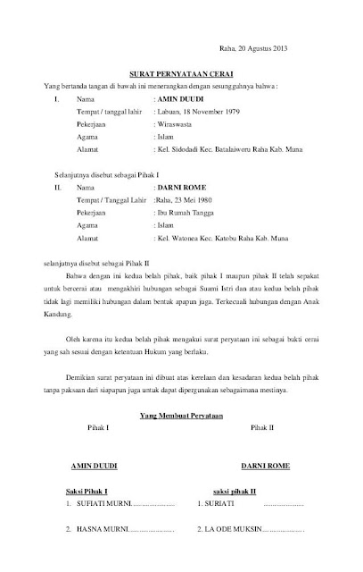 8 Contoh Surat Pernyataan Cerai Terlengkap  Assalam Print