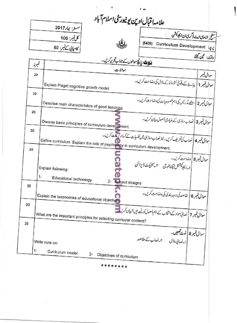 Aiou B.ED Code 6406 Curriculum Development Old Papers