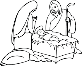 Mother Mary and John at the baby Jesus manger coloring page