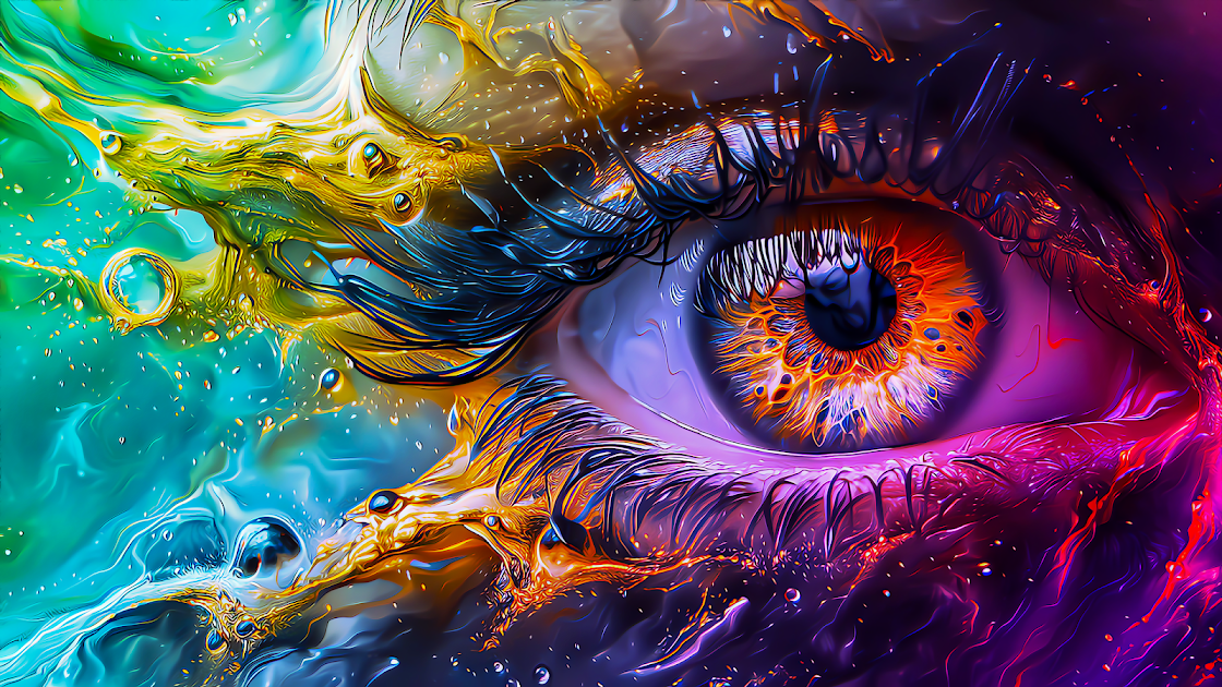Highly detailed and surreal illustration of a human eye with vibrant green and orange hues, surrounded by fluid-like textures that mimic molten metal and water combined.
