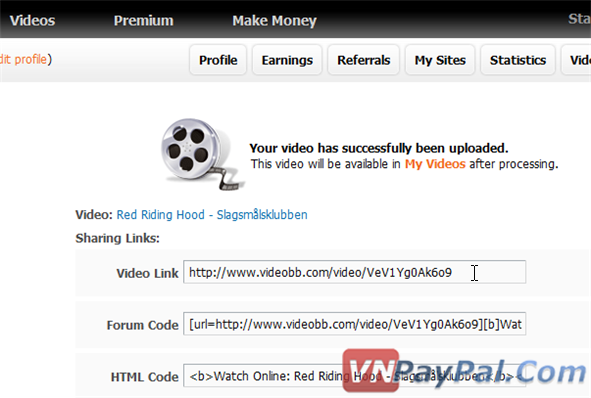 VideoBB, Kiếm Tiền Bằng Upload Video