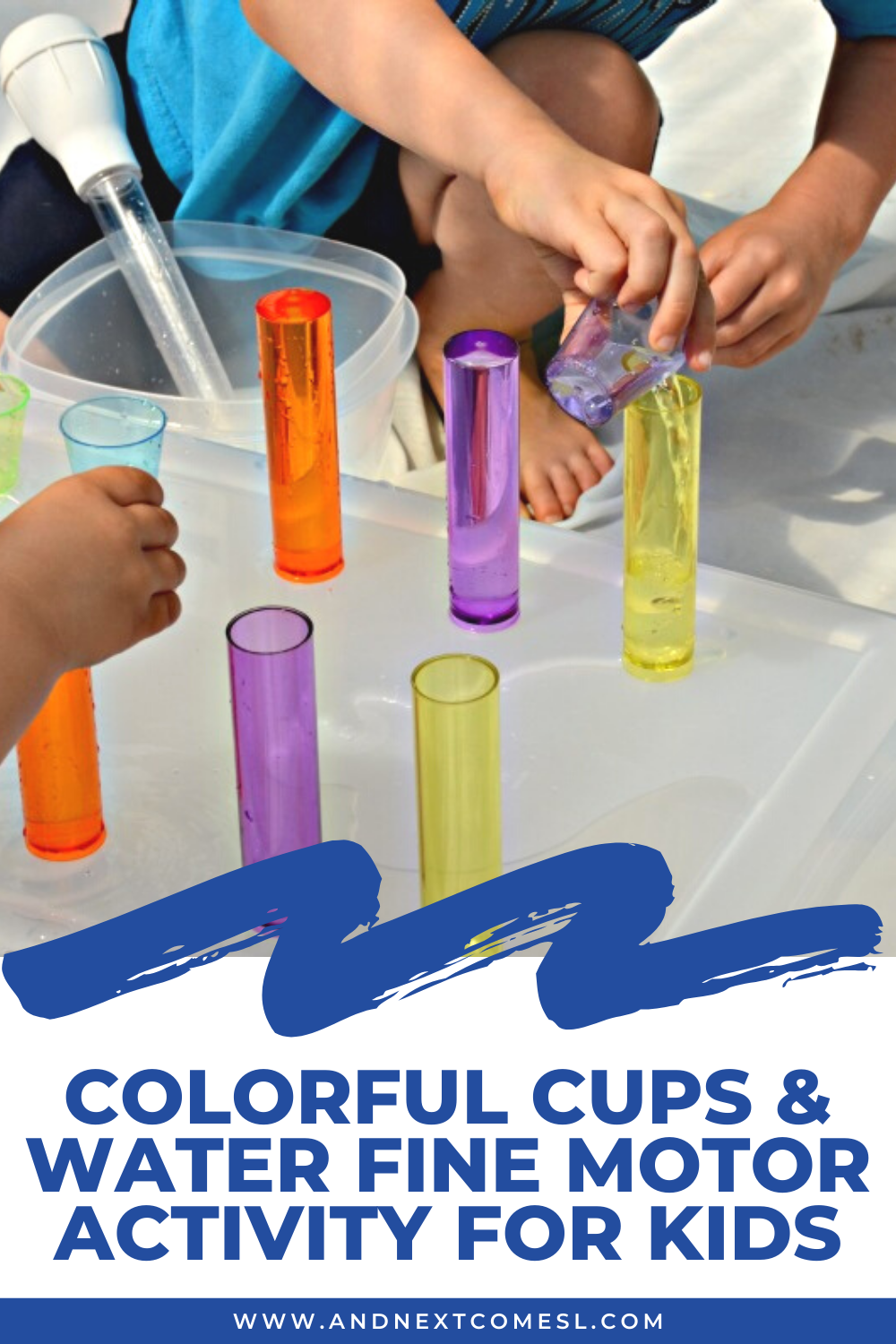 Colorful cups & water fine motor activity for toddlers and preschoolers to work on fine motor skills, scooping and pouring, and so much more!