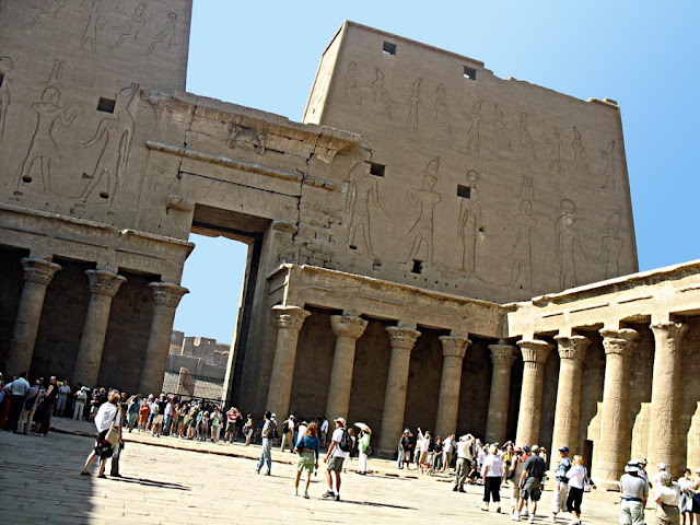 edfu temple hall in city of edfu on the banks of the river nile in egypt