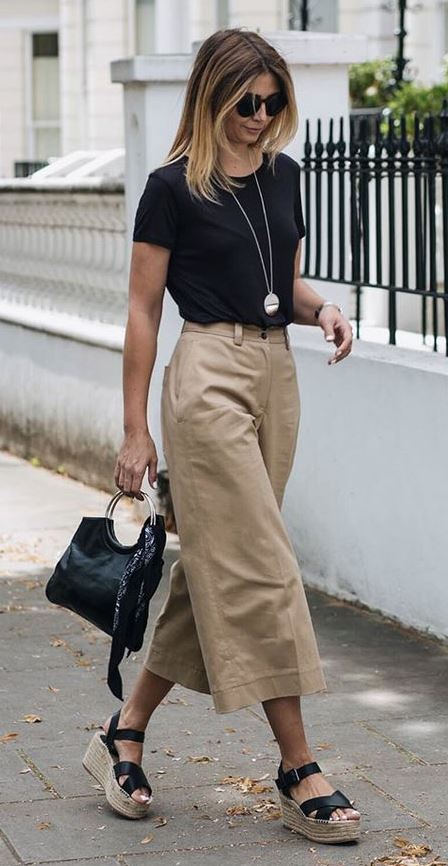 casual style addict / beige pants + platform sandals + bag + top