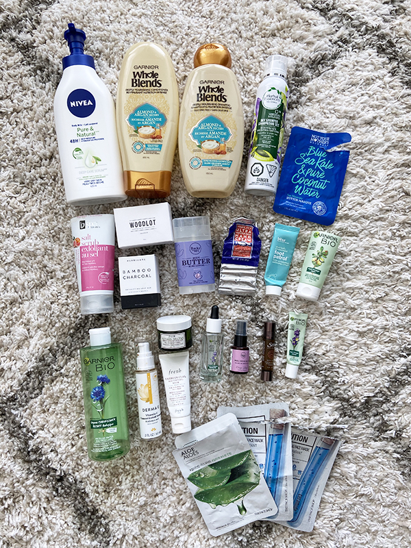 All of the products described in this post featured together. Affordable natural and drugstore beauty, skincare, body care and haircare products by Nivea, Garnier, Herbal Essences, Not Your Mother's Naturals, BVSpa, Woodlot, Herbivore Botanicals, Rocky Mountain Soap Company, Trader Joe's, Derma E, Saje, Fresh, The Face Shop, Bliss.