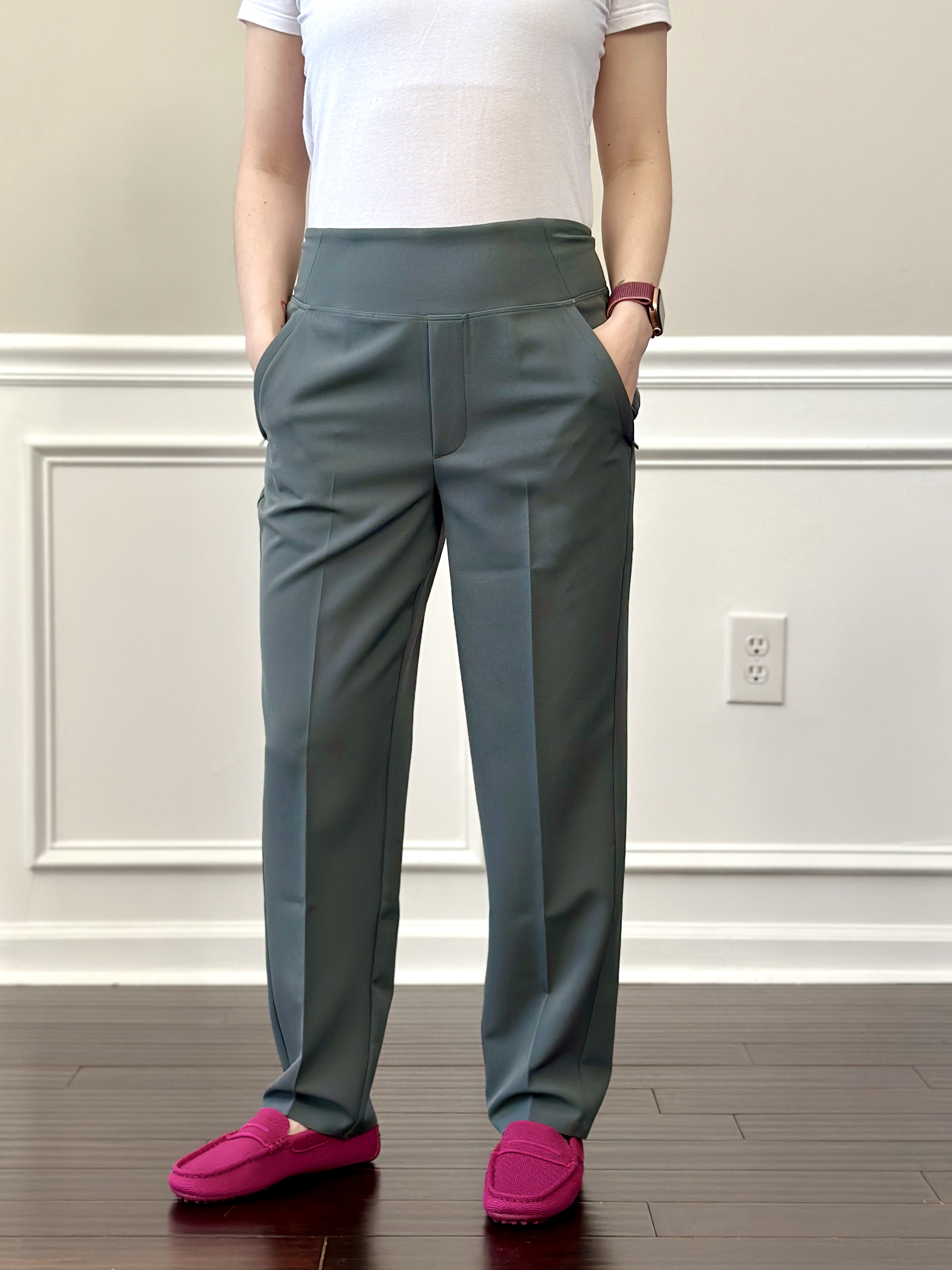 Theory stripped top, UNIQLO chinos, velvet slippers, Hermes Garden Party TPM.