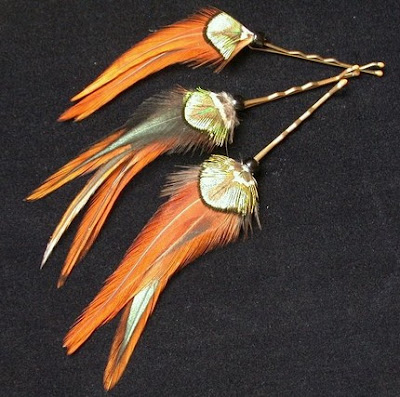 hair with feathers. feather hair pins, $14