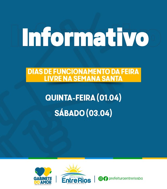 Prefeitura de Entre Rios informa dias de funcionamento da feira livre 