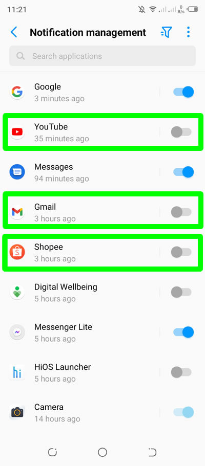 disable apps notification android settings