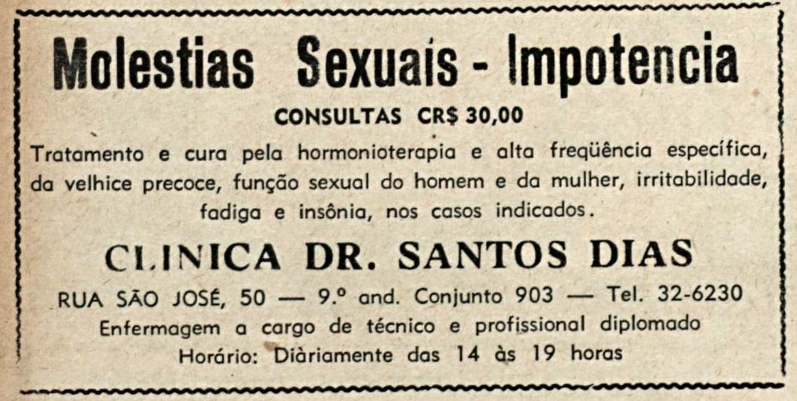 Campanha veiculada em 1954 promovendo tratamento para cura de problemas sexuais na saúde do homem