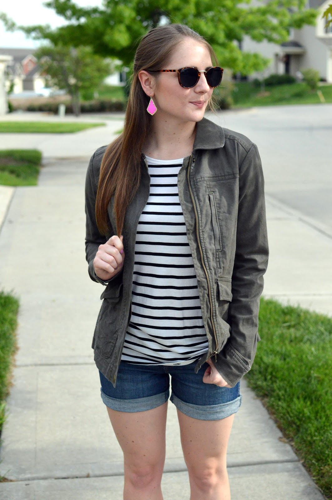 denim shorts and a military jacket | what to wear with jean shorts |how to wear your military jacket in the spring | spring looks | striped top | pink earrings | a memory of us 