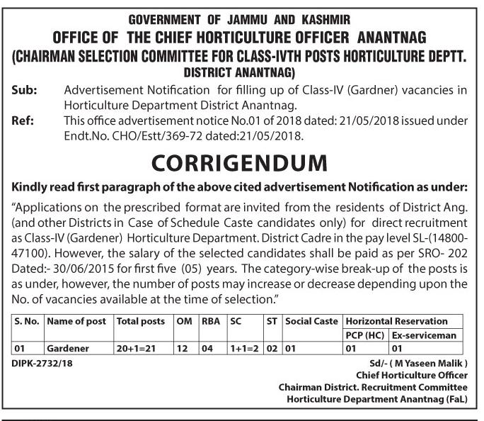 Horticulture Department Anantnag Recruitment 2018 for 21 Gardener Posts