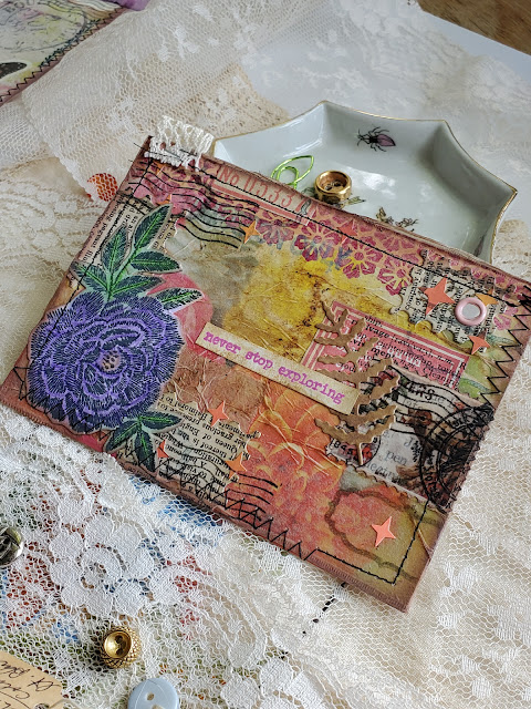 Floral junk journal card made from old notecard.