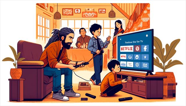 Create a wide illustration depicting a casual day in the life of a Japanese man with dreadlocks, as he troubleshoots a TV issue at an Indian-Nepalese restaurant. The scene includes the man attempting to navigate the TV settings using a smartphone as a remote, due to a missing Amazon Fire Stick remote, while a young boy (the restaurant owner's son) ultimately resolves the situation. The background should reflect the cozy atmosphere of the restaurant, possibly with Indian-Nepalese decor elements. Include a sense of accomplishment and camaraderie among the characters, with a simple and minimalistic artistic style.