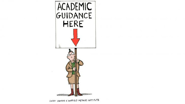 A cartoon of a lecturer holding a billboard saying Academic Guidance Here