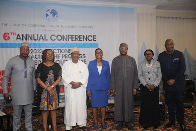 L-r President, Nigeria Guild of Editors, Isa Mustapha, panelist, Dr Chichi Aniagolu-Okoye, chairman of event, Dr. Umar Ardo, GOCOP President, Maureen Chigbo, INEC Chairman, Prof. Mamood Yakubu, EVC representative, Mrs Nnenna Ukoha  and former IGP, Dr. Solomon Arase at 2022 annual conference of Guild of Corporate Online Publishers (GOCOP) at Sheraton Ikeja on Thursday 6, 2022.