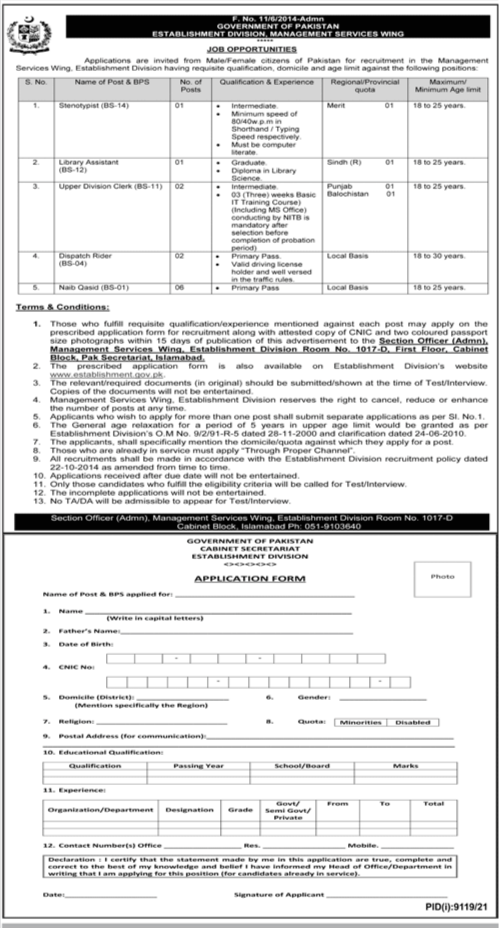 Establiment Division Management Services Wing Government Of Pakistan Jobs Islamabad 2022
