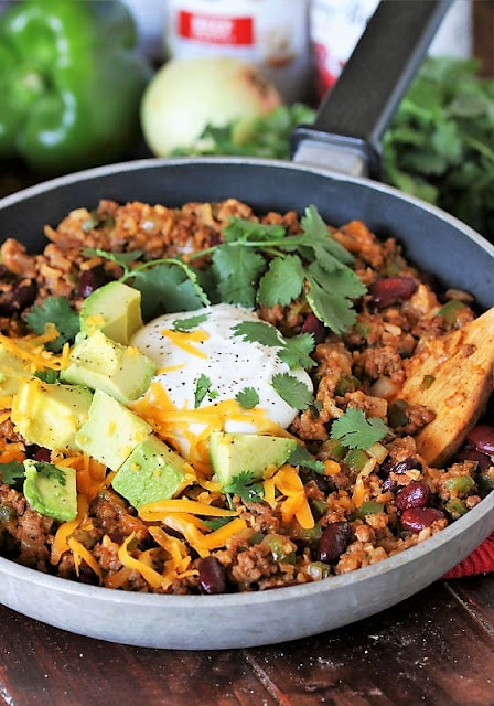 Ground Beef Burrito Bowl Skillet with Toppings Image