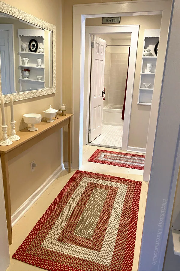 Country Style Red Braided Hallway Rugs on a painted floor