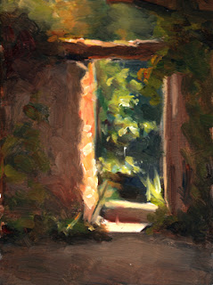 Oil painting of a gateway in a stone wall with a wooden lintel.