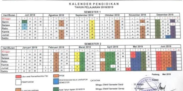 Kalender Pendidikan Tahun Pelajaran 2018/2019 Provinsi Sumatera Barat