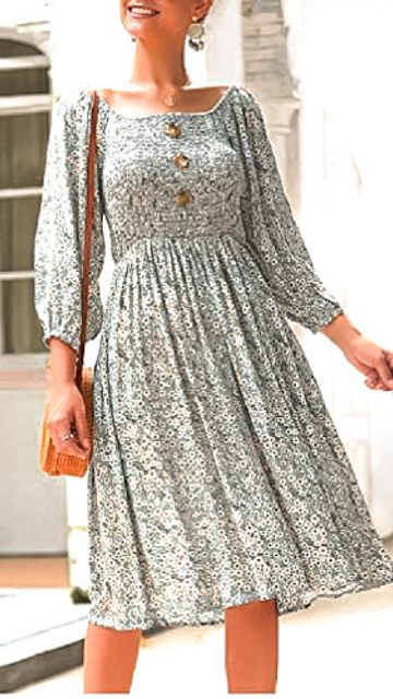 Vestido Estilo Vintage Boho com Gola Quadrada e Cintura Alta