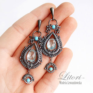 silver earrings with topaze and turquoise, blue, wire-wrapping, litori