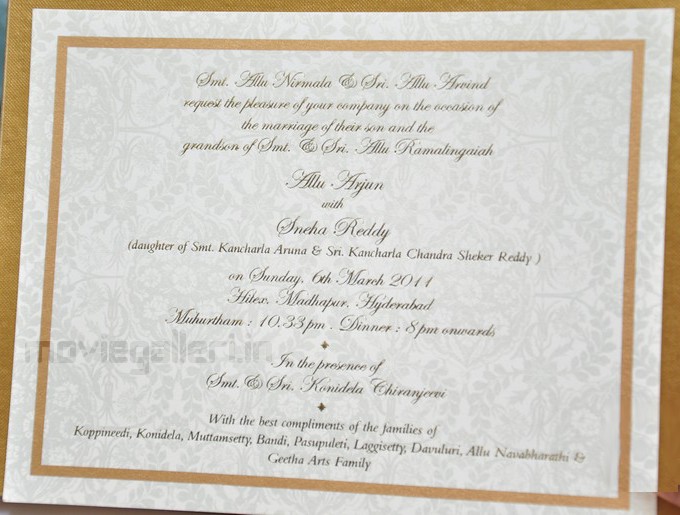 Allu Arjun Sneha Reddy Wedding Invitation Card Images