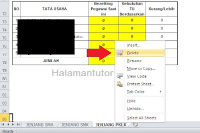 cara menghapus lembar kerja Excel