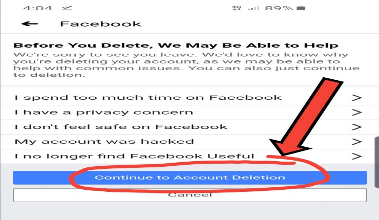 Continue To Facebook Account Deletion