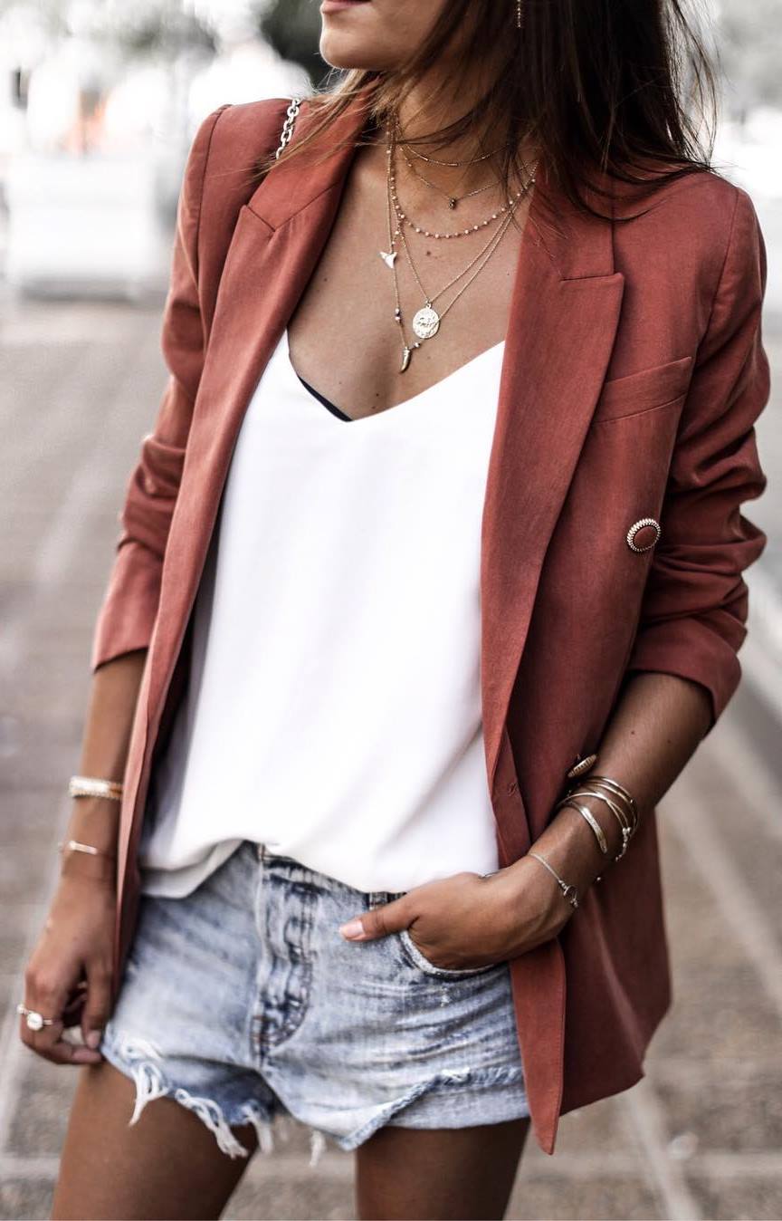 what to wear with denim shorts : blazer + white top