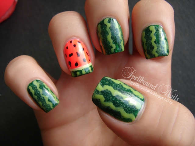 nails nailart nail art Spellbound mani manicure watermelon fruit green China Glaze Holly-Day Sally Hansen Green with Envy Funky Fingers Kingston realistic