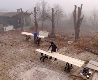 Production line of wood to be stained