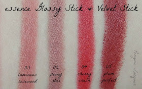essence glossy stick velvet stick swatches