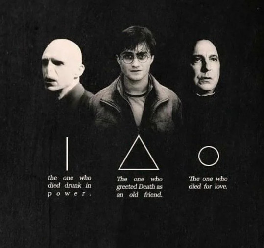 Showing Voldemort, Harry and Severus with relevant deathly hallow signs.