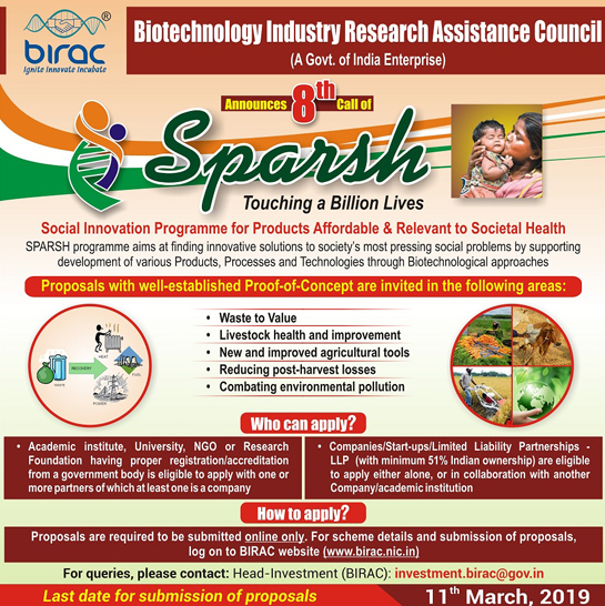 BIRAC ANNOUNCES 8th CALL FOR PROPOSALS under SPARSH | Special Innovation Program for Products 