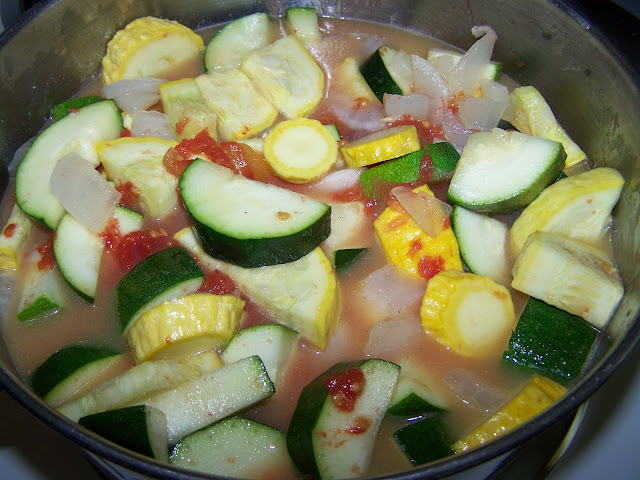 cooking zucchini, squash, tomatoes, and onions