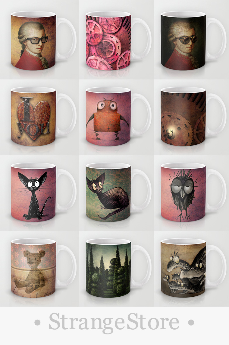 paul stickland, strangestore, mugs, cats, owls, steampunk+mugs