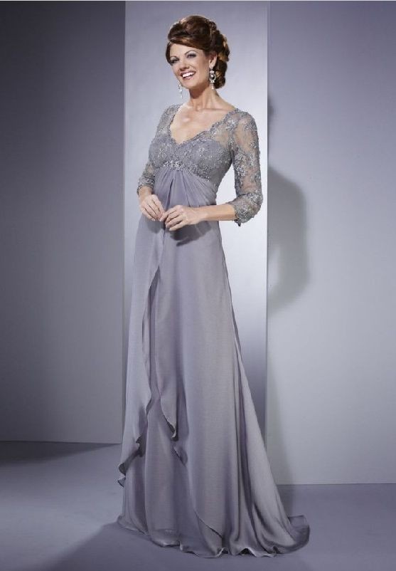 Chiffon and Lace V-Neck Empire A-line Long Mother of the Bride Dress