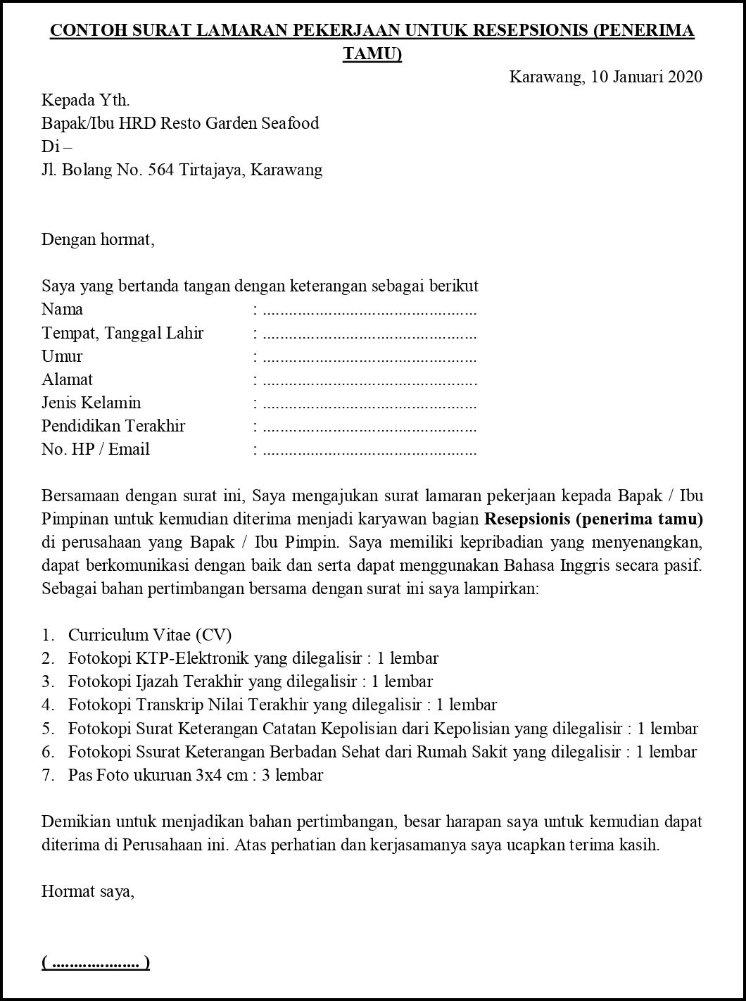 Contoh Surat Lamaran Pekerjaan Untuk Restoran Dan Cafe Kasir Barista Resepsionis Dll Tanpakoma